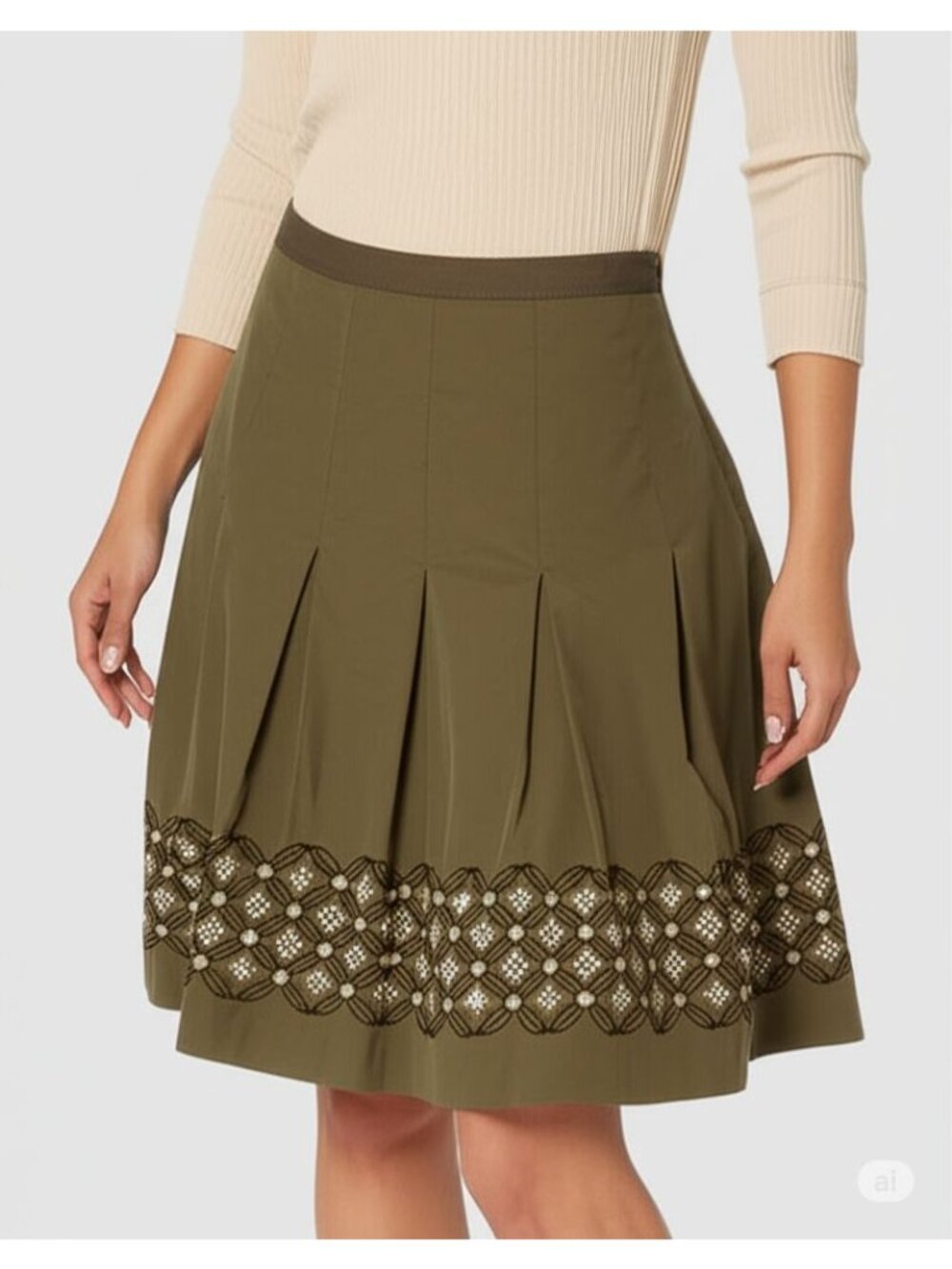 Alfani Olive Silk Blend A-Line Skirt Gold Sequins Size 12 Boho Chic Cocktail Par